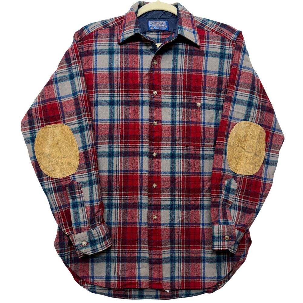 Vintage Pendleton Shirt Medium Mens Red Plaid Flannel Elbow Patch Wool USA Made